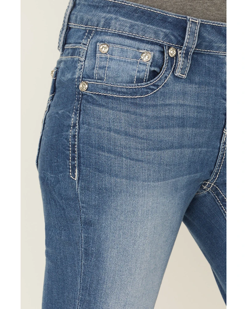 Shyanne Mid Rise Medium Wash Bootcut Wing Faux Flap Stretch Denim Jeans