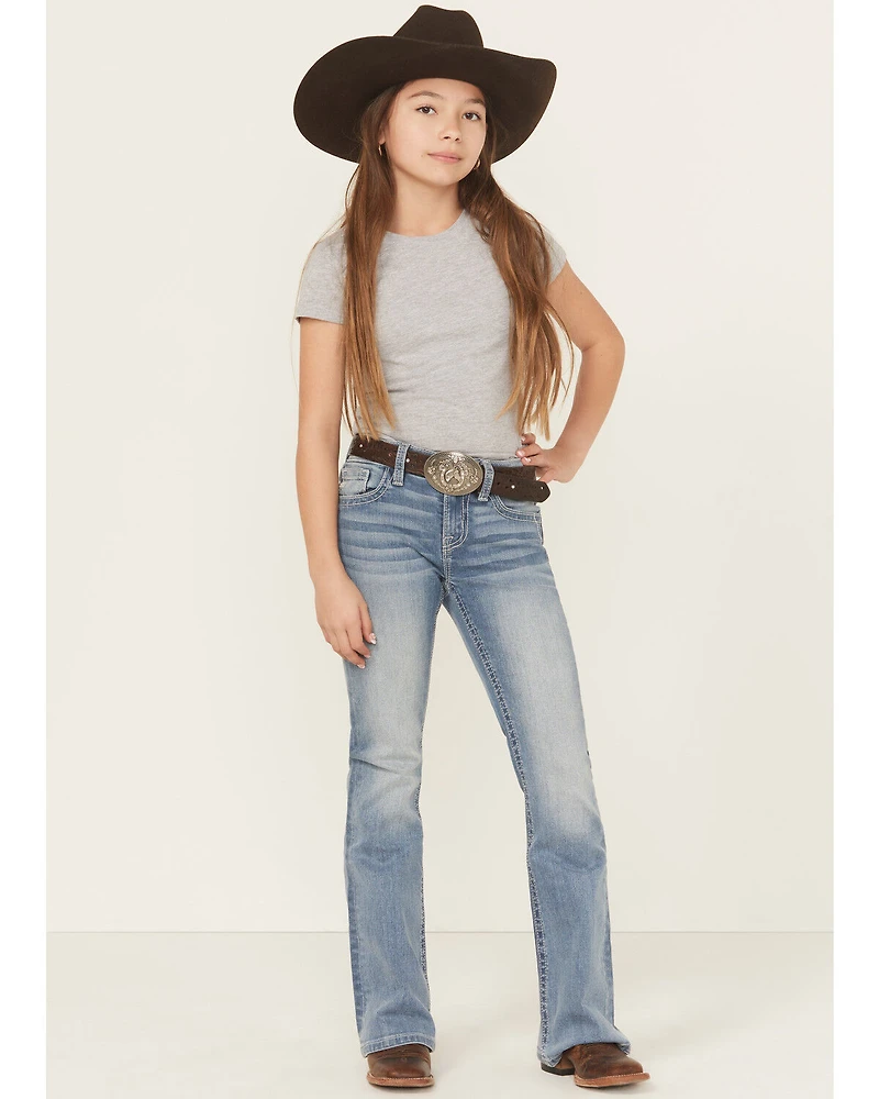Miss Me Girls' Floral Embroidered Medium Wash Bootcut Stretch Denim Jeans