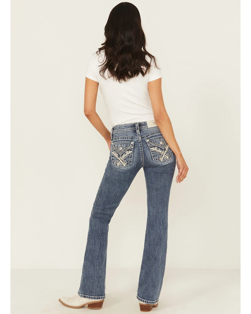 Miss Me Women's Medium Wash Mid Rise 32" Bootcut Floral Pocket Stretch Denim Jeans