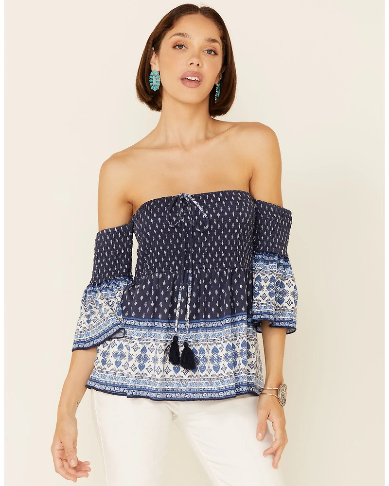 Temped Women's Border Print Smocked Off Shoulder Short Sleeve Top
