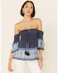Temped Women's Border Print Smocked Off Shoulder Short Sleeve Top