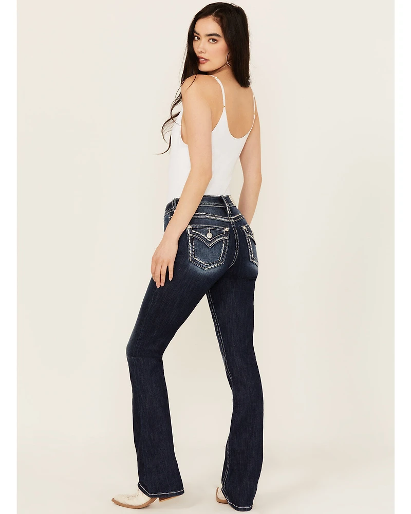 Miss Me Women's Dark Wash Mid Rise 34" Bootcut Stretch Denim Jeans