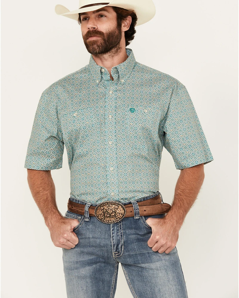 George Strait by Wrangler Men's Geo Print Short Sleeve Button-Down Stretch Western Shirt