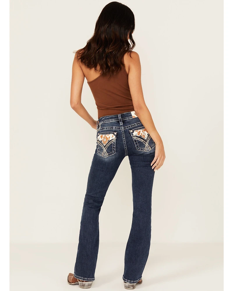 Miss Me Women's Medium Wash Mid Rise Cowhide Pocket 32" Bootcut Stretch Denim Jeans