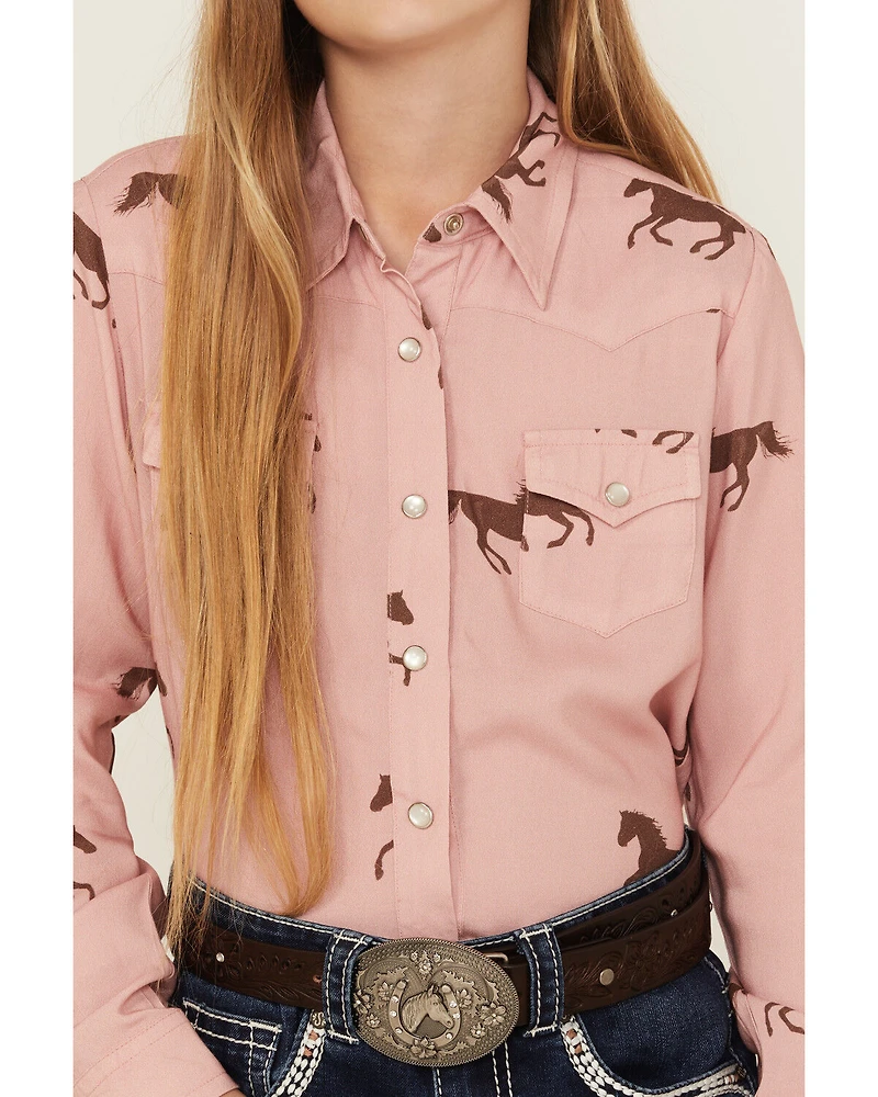 Roper Girls' Running Horse Print Long Sleeve Snap Western Shirt