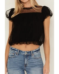 Very J Women's Tulle Short Sleeve Shirt