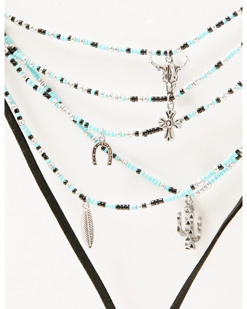 Shyanne Women's Leather Layered Turquoise Beaded & Silver Concho Fringe Charm Necklace