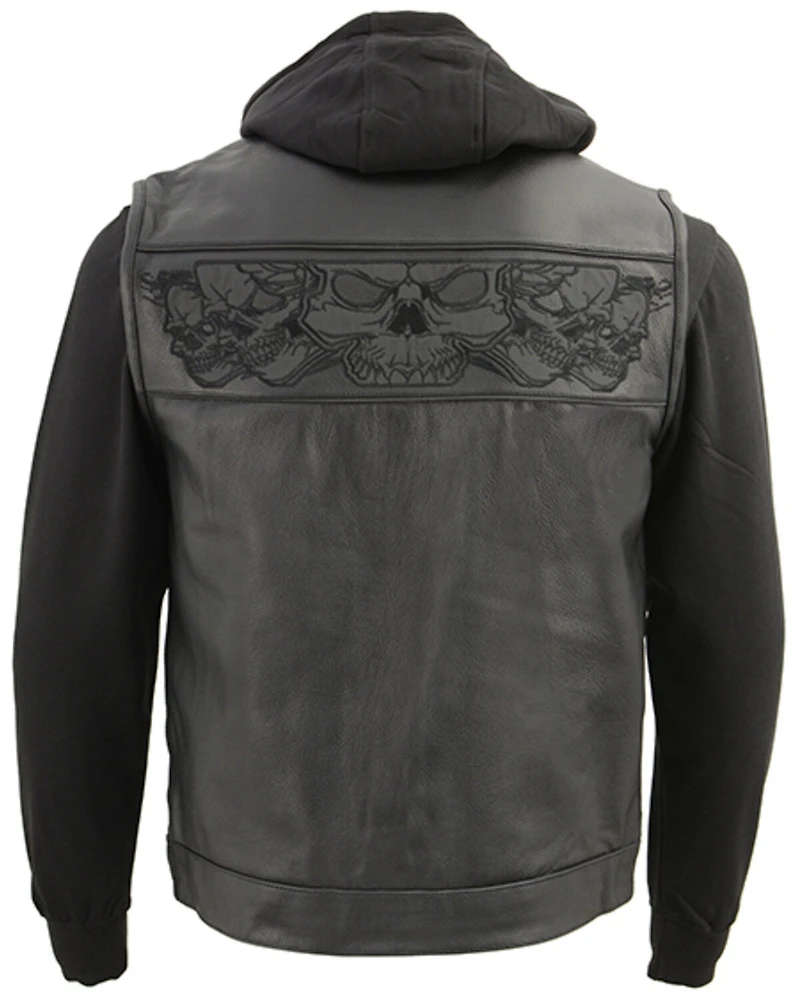 Milwaukee Leather Men's Leather Concealed Carry Vest with Reflective Skulls and Removeable Hoodie - 4X