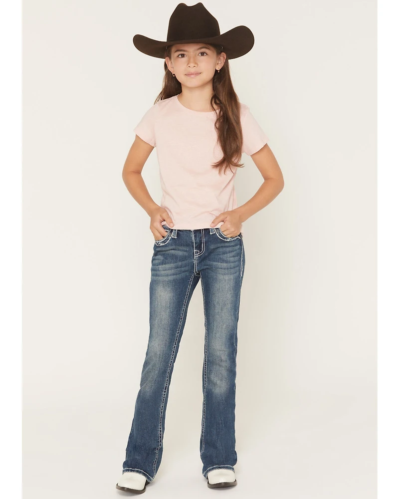 Grace LA Girls' Dark Wash Floral Horseshoe Pocket Bootcut Stretch Denim Jeans