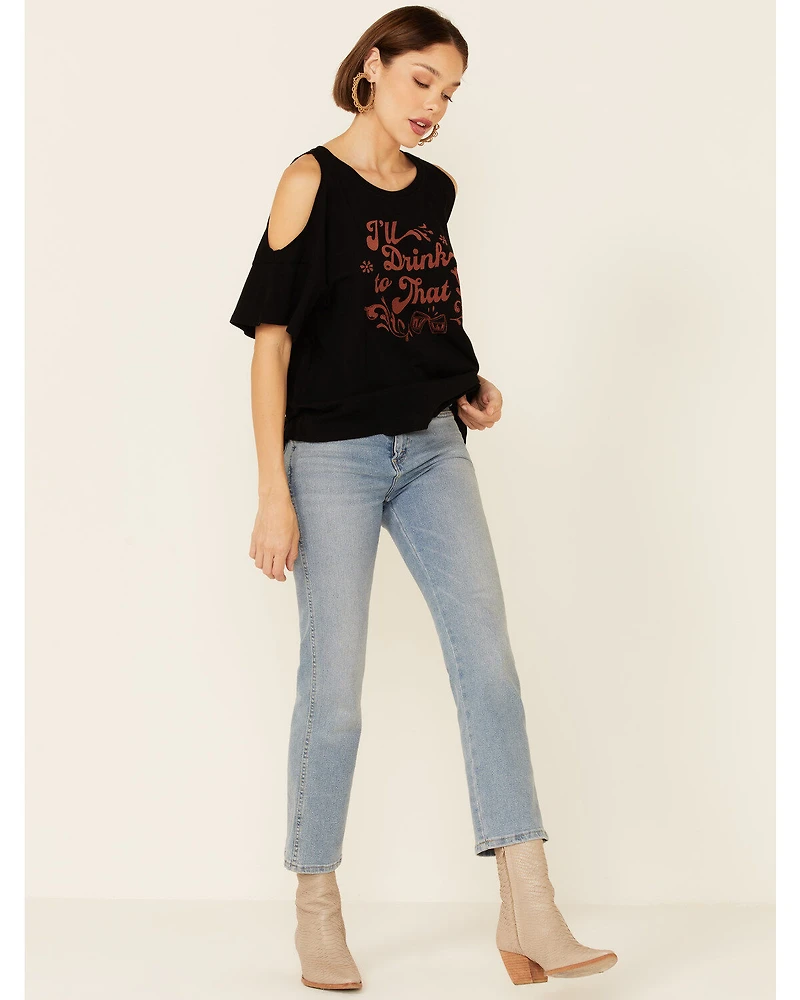 White Crow Women's I'll Drink To That Graphic Short Sleeve Cold Shoulder Top