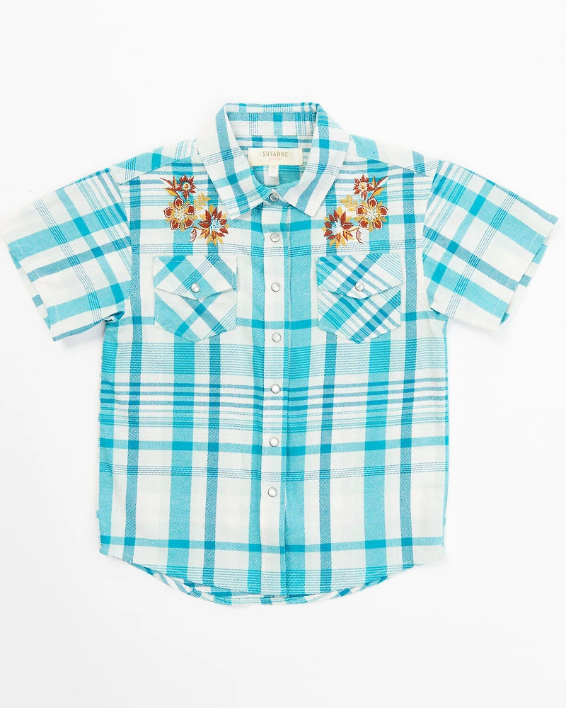 Shyanne Toddler Girls' Embroidered Plaid Print Short Sleeve Western Pearl Snap Shirt
