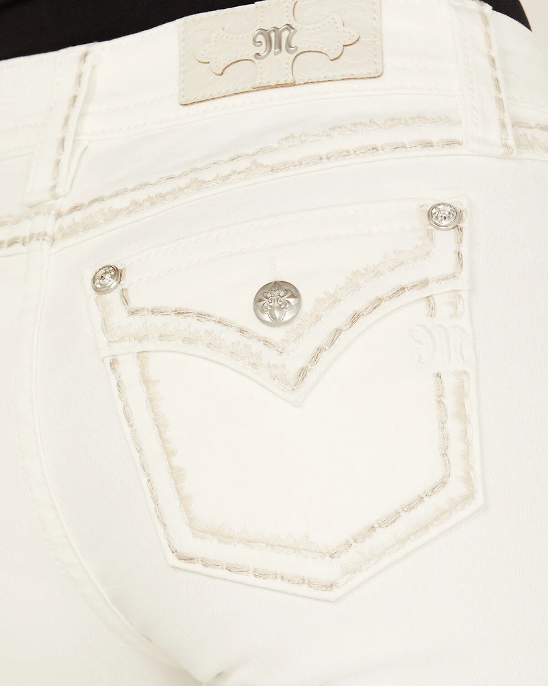 Miss Me Women's Mid Rise Whipstitch Border Pocket 34" Bootcut Stretch Denim Jeans