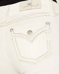 Miss Me Women's Mid Rise Whipstitch Border Pocket 34" Bootcut Stretch Denim Jeans