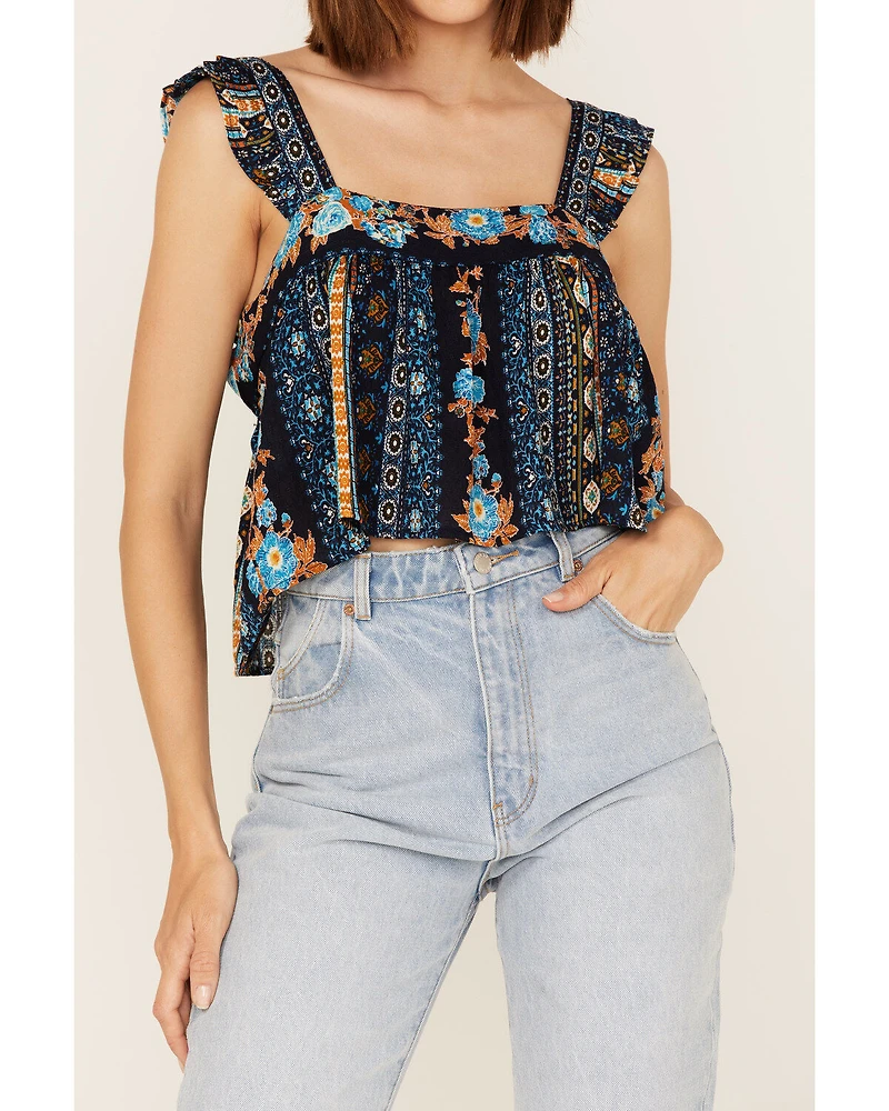 Band of the Free Women's Sleepless Nights Stripe Floral Print Ruffle Sleeveless Top