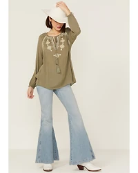 Miss Me Women's Olive Embroidered Southwestern Tassel Top