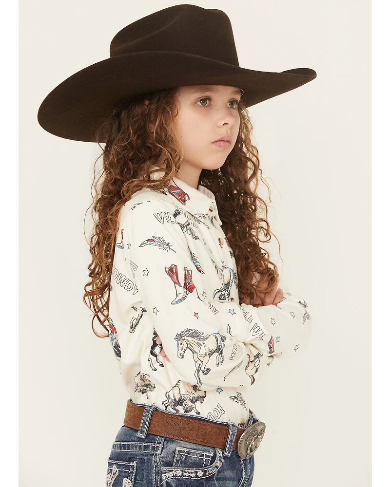 Shyanne Girls' Conversation Print Long Sleeve Button-Down Faux Suede Western Shirt