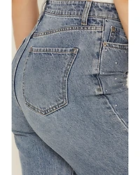 Daze Women's Far Out Medium Wash High Rise Studded Wide Leg Denim Jeans
