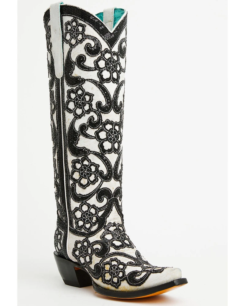 Corral Women's Floral Overlay Sequin Tall Western Boots - Snip Toe