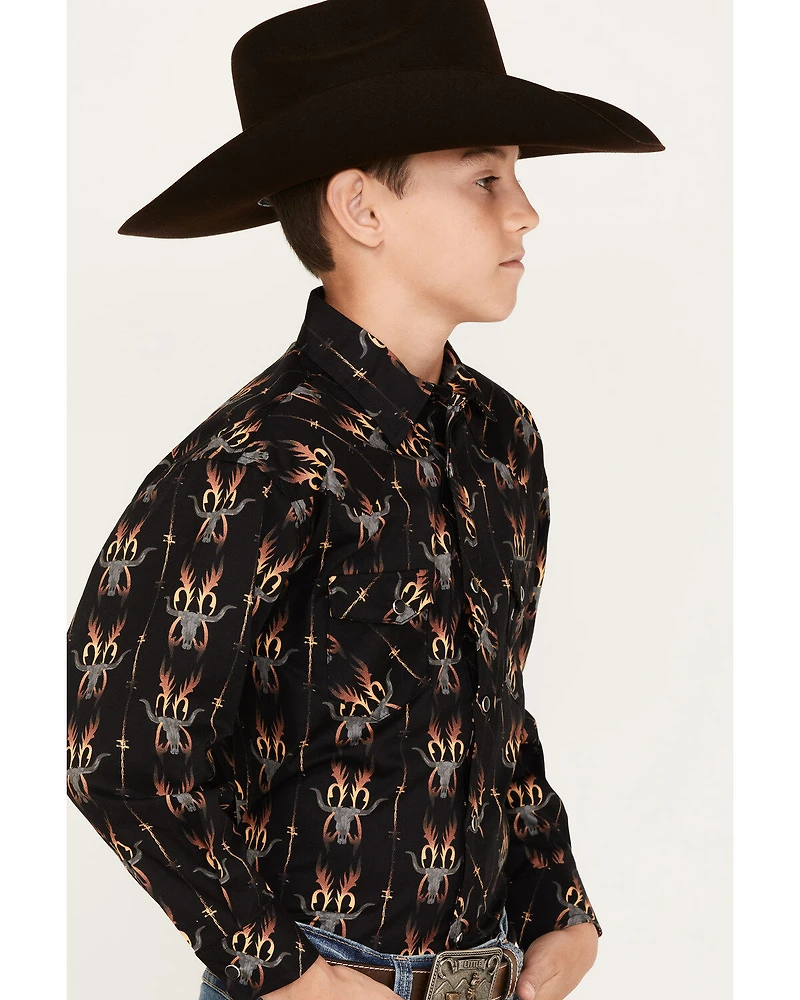 Rock & Roll Denim Boys' Dale Brisby Flame Steer Head Long Sleeve Snap Western Shirt