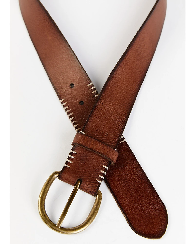 Cleo + Wolf Women's Brown with White Stitching Detail Leather Belt