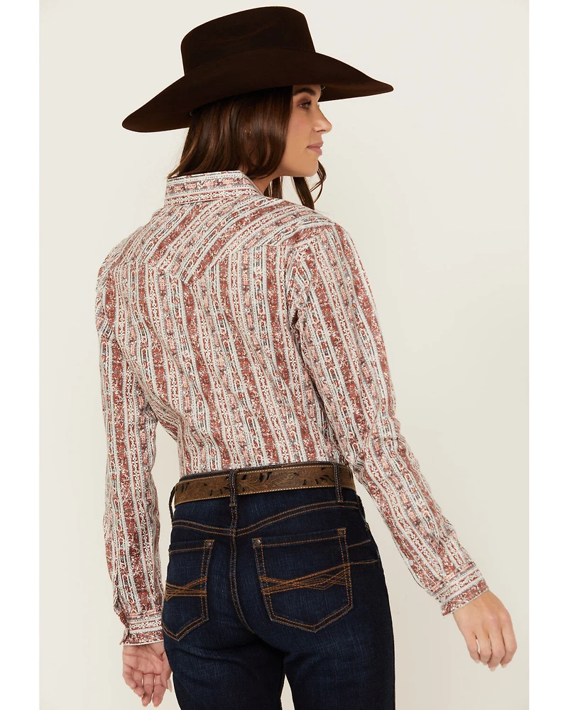 Rough Stock by Panhandle Women's Wallpaper Print Long Sleeve Pearl Snap Stretch Western Shirt