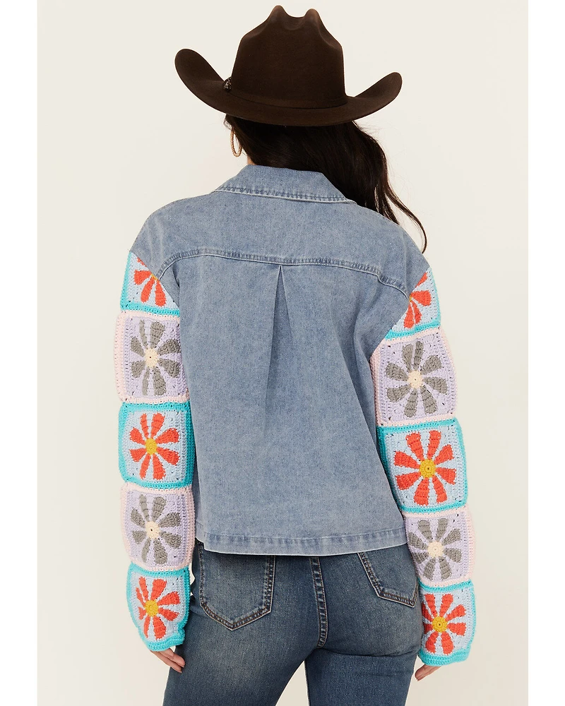 Mystree Women's Crochet Sleeve Medium Wash Denim Jacket