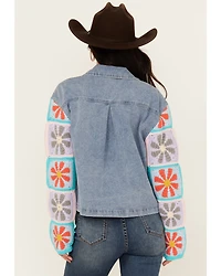 Mystree Women's Crochet Sleeve Medium Wash Denim Jacket
