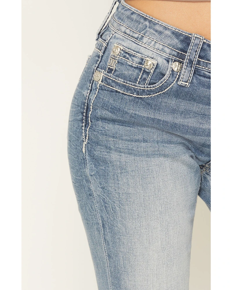 Miss Me Women's Light Wash Floral Wing Pocket 32" Bootcut Stretch Denim Jeans