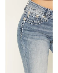 Miss Me Women's Light Wash Floral Wing Pocket 32" Bootcut Stretch Denim Jeans