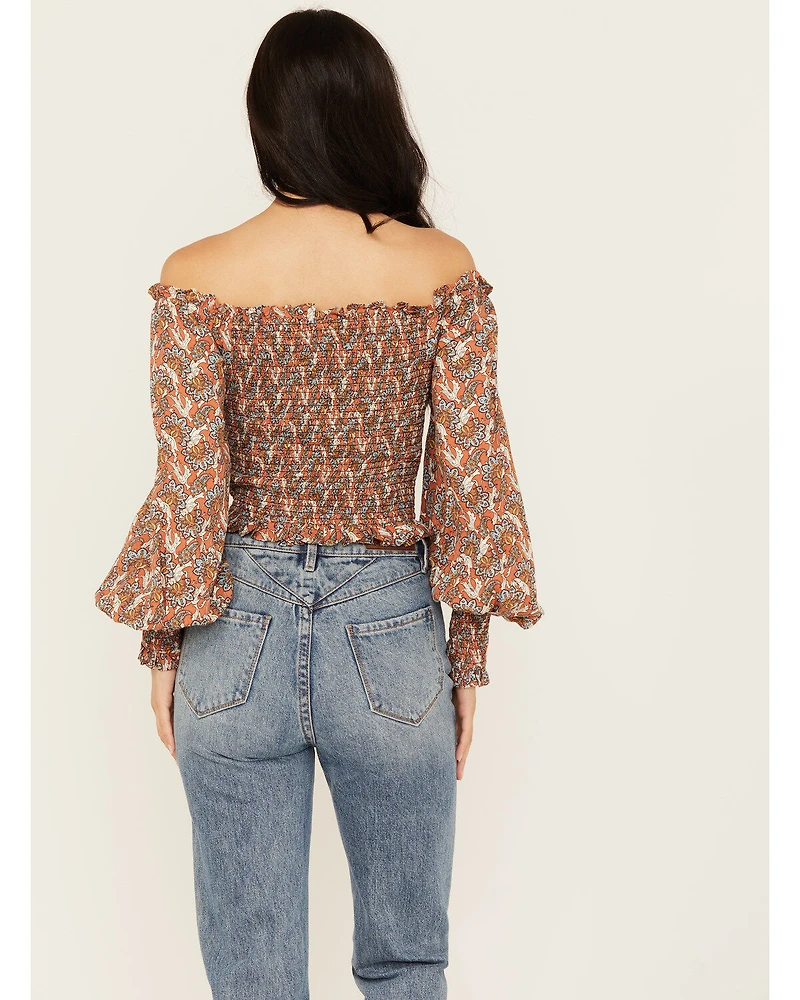 Rock & Roll Denim Women's Smocked Off The Shoulder Long Sleeve Top