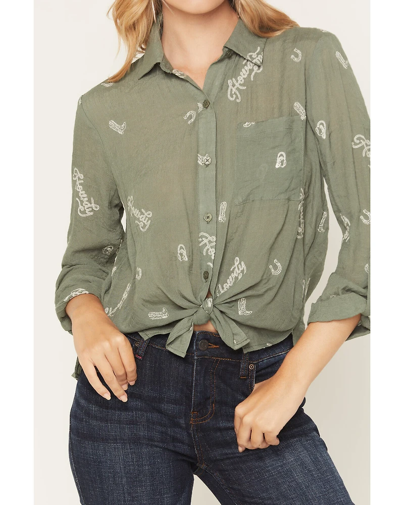 June & Hudson Women's Western Embroidered 3/4 Sleeve Button-Down Shirt