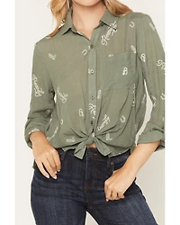 June & Hudson Women's Western Embroidered 3/4 Sleeve Button-Down Shirt