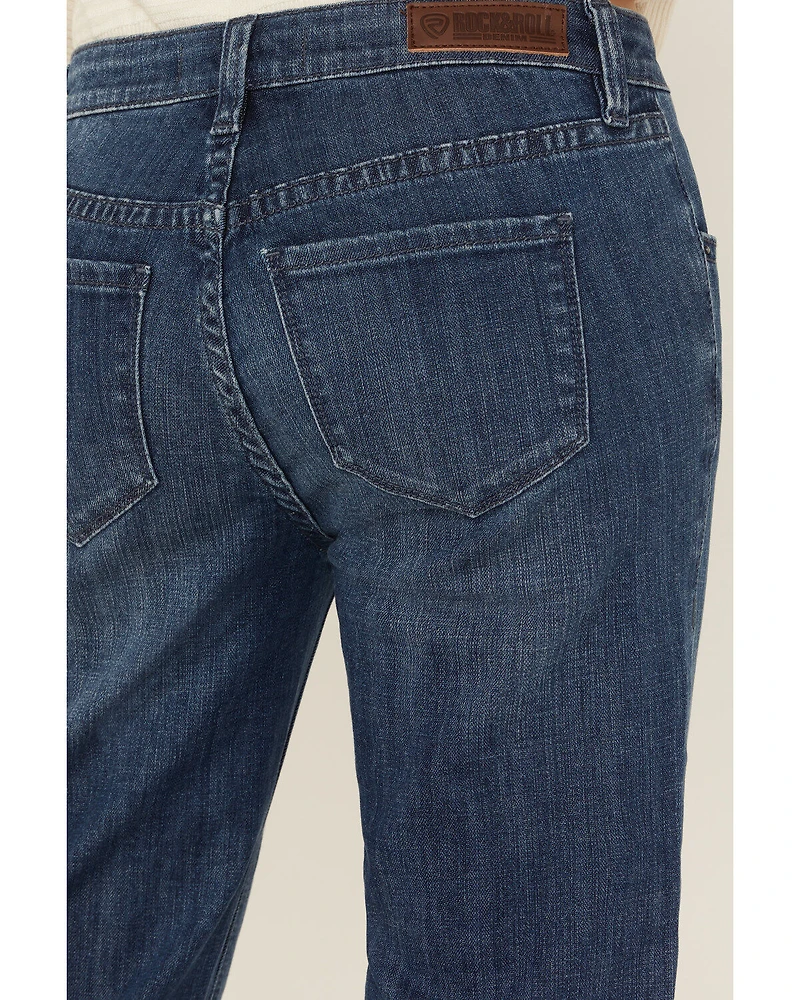 Rock & Roll Denim Women's Dark Wash Mid Rise Hem Stitched Trouser Stretch Jeans