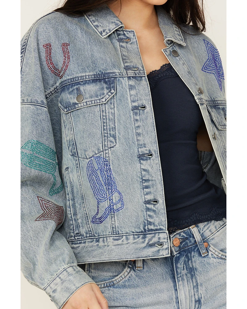 Rock & Roll Denim Women's Light Wash Rhinestone Embellished Jacket