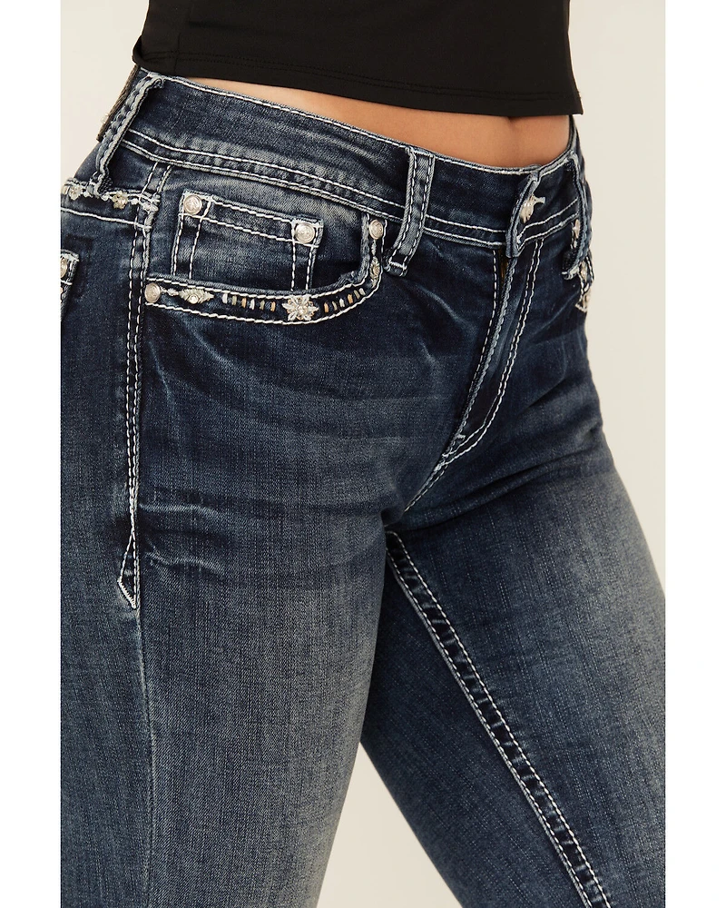 Grace LA Women's Medium Wash Dream Catcher Embroidered Mid Rise Bootcut Stretch Denim Jeans