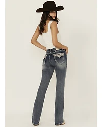 Grace LA Women's Medium Wash Mid Rise Geo Pocket Bootcut Stretch Denim Jeans