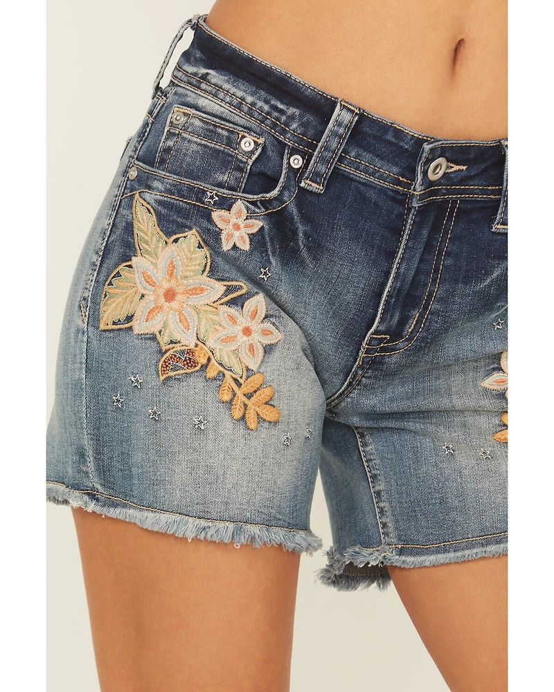 Grace LA Women's Light Wash Mid Rise Floral Embroidered Cutoff Stretch Denim Short's