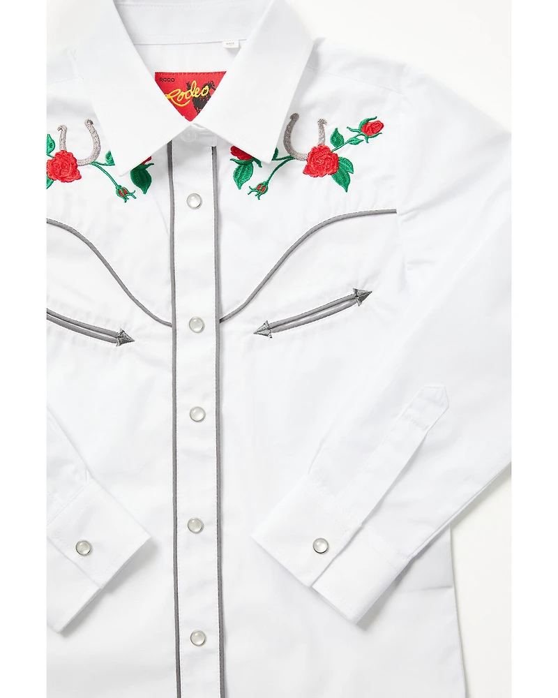 Rodeo Clothing Girls' Rose Horseshoe Embroidered Long Sleeve Pearl Snap Western Shirt