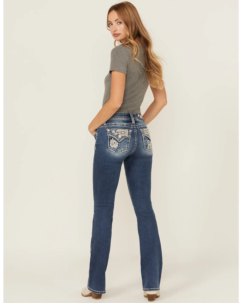 Miss Me Women's Dark Wash Mid Rise Paisley Pocket 34" Bootcut Stretch Denim Jeans