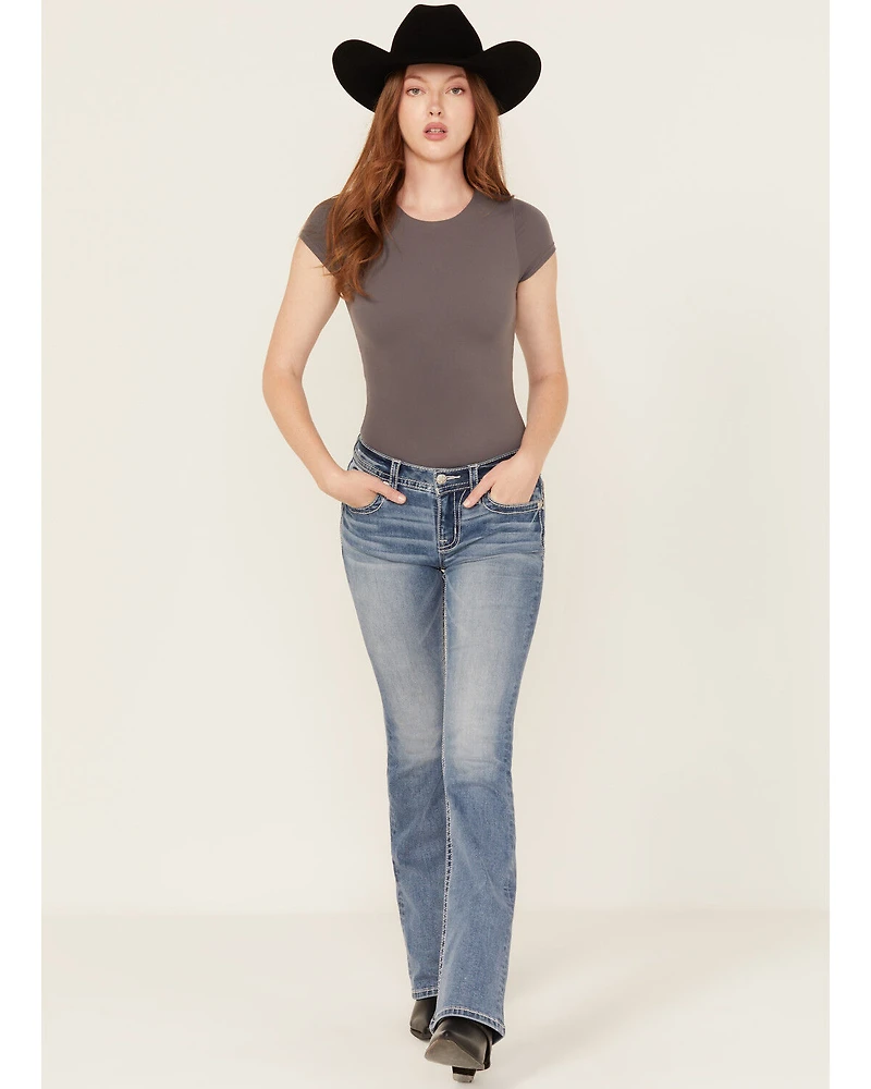 Miss Me Women's Medium Wash Wing Embroidered 34" Bootcut Stretch Jeans