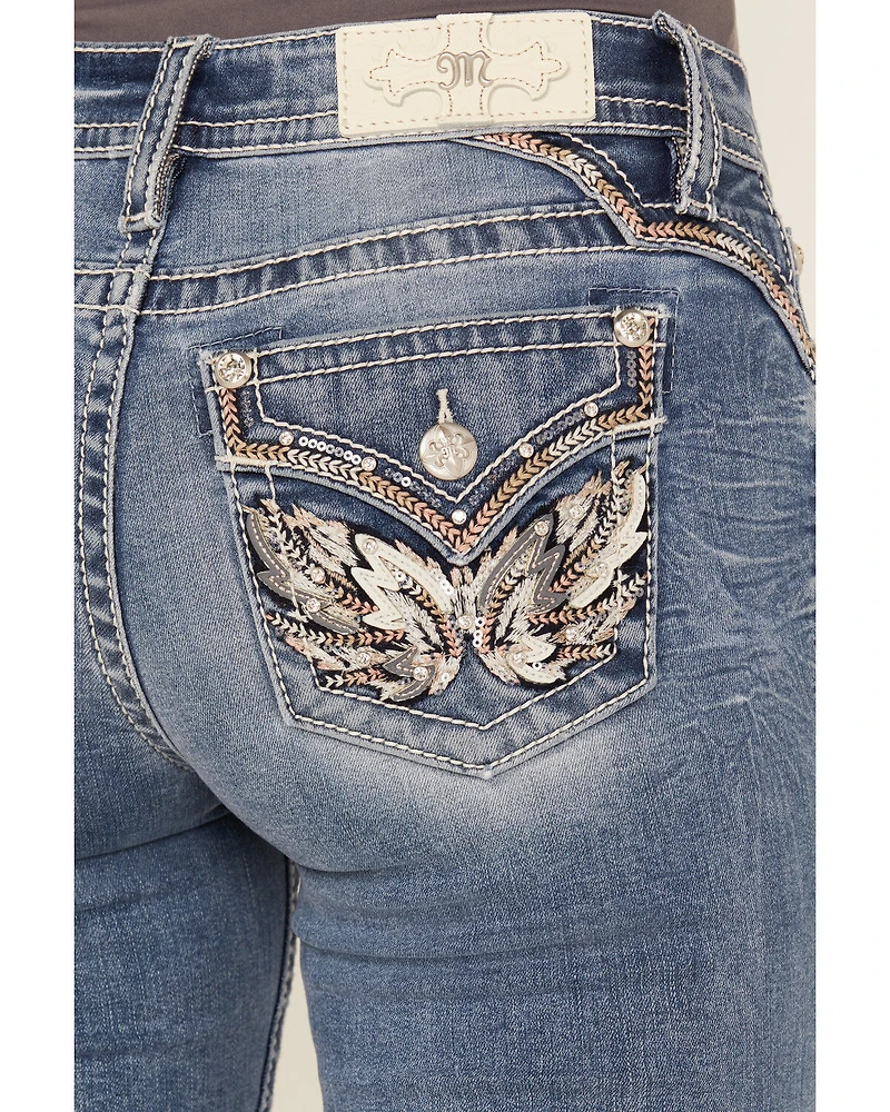 Miss Me Women's Medium Wash Wing Embroidered 34" Bootcut Stretch Jeans