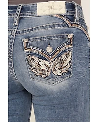 Miss Me Women's Medium Wash Wing Embroidered 34" Bootcut Stretch Jeans