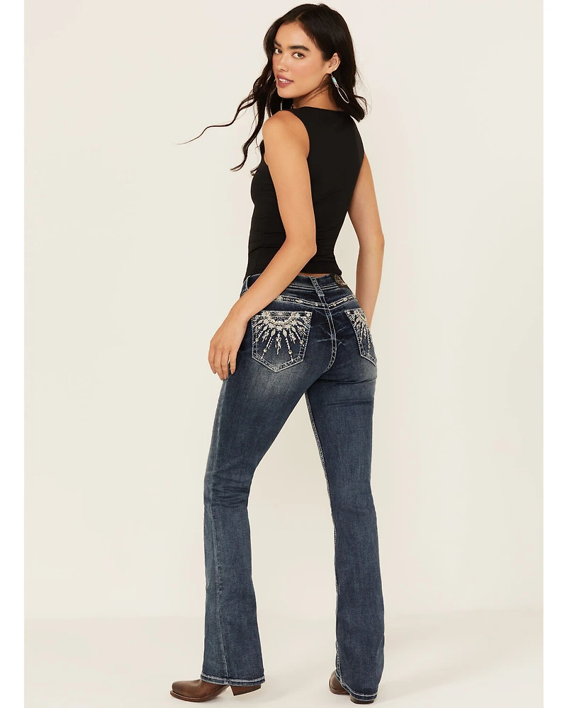 Grace LA Women's Medium Wash Dream Catcher Embroidered Mid Rise Bootcut Stretch Denim Jeans