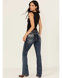 Grace LA Women's Medium Wash Dream Catcher Embroidered Mid Rise Bootcut Stretch Denim Jeans
