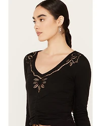 Shyanne Women's Long Sleeve Cutwork Front Tie Top