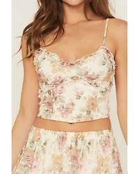 Originality Women's Floral Print Lace Sleeveless Cropped Tank Top