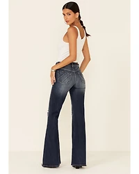 Shyanne Women's Dark High Rise Flare Distressed Knee Stretch Denim Jeans