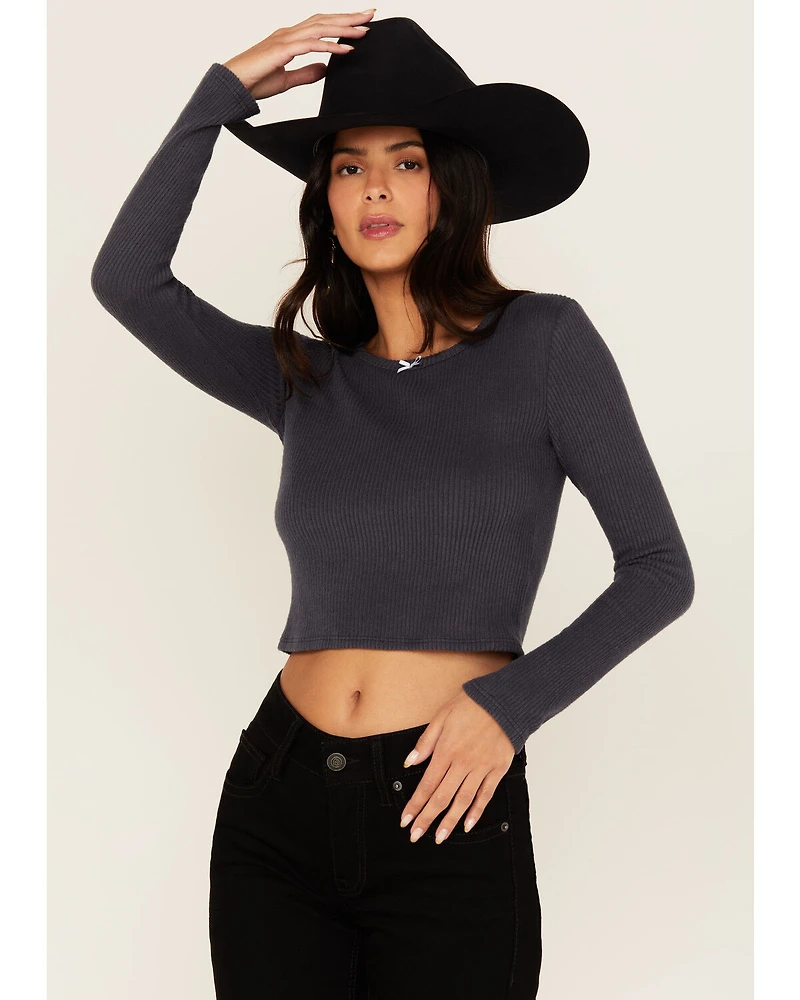 Originality Women's Solid Rib Knit Long Sleeve Cropped Shirt