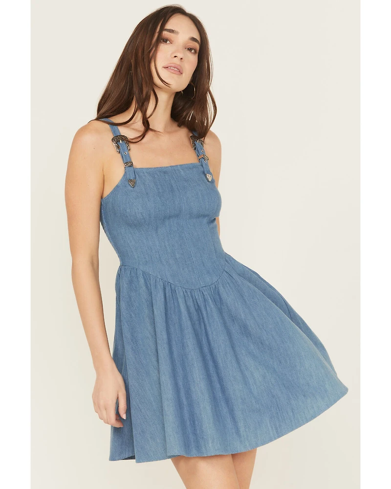 Rock & Roll Denim Women's Medium Wash Buckle Strap Sleeveless Mini Dress