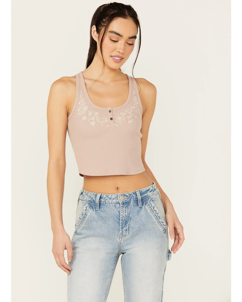 Cleo + Wolf Women's Aurora Embroidered Henley Rib Knit Tank